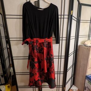 R&K Black Top with Red & Black Floral Skirt Midi Dress